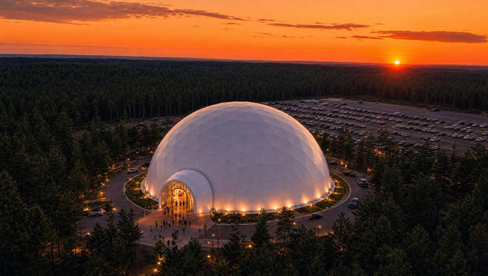 Aerial view of a large white geodesic event dome glowing at sunset in a forest clearing, guests arriving at the lit entrance