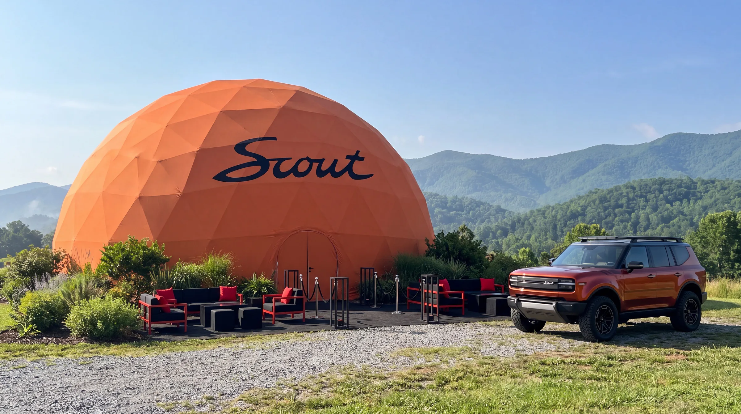 Scout Motors branded event dome at a product launch in the mountains