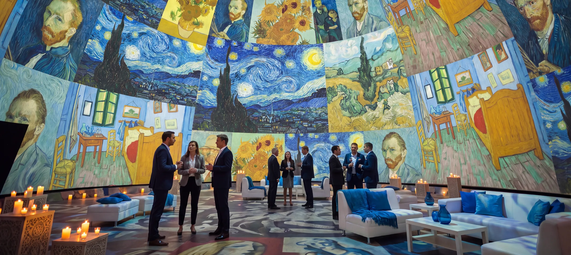 Guests in a projection dome with artworks projected across the interior