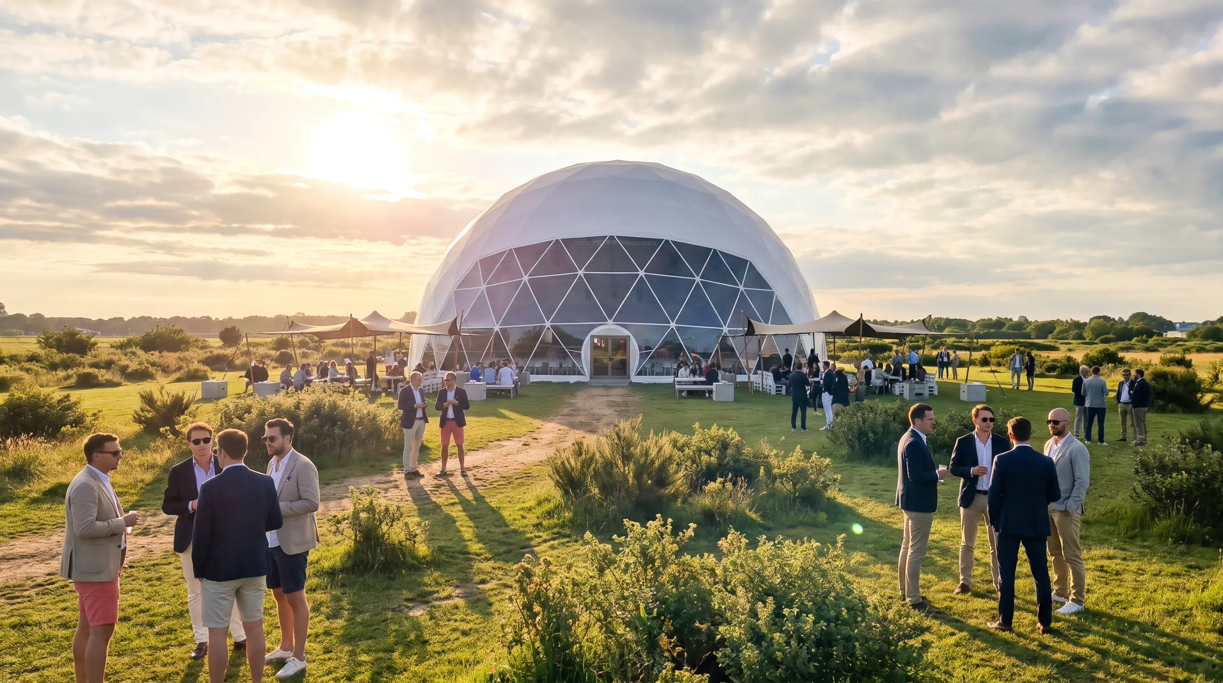Large white event dome at golden hour with wedding guests outside